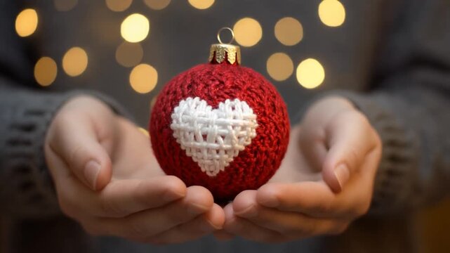 Hands sharing a festive red Christmas ornament with knitted white hearts against a bokeh lig.