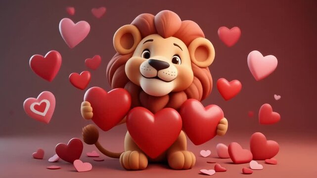 Sweet 3D Cartoon Lion Holding Red Hearts with Love Symbols on Valentine's Day Background