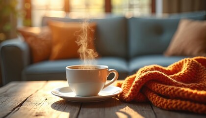 Fototapeta premium Steaming coffee cup rests on rustic wooden table beside warm orange knit blanket. Soft sunlight illuminates cozy home interior, creating peaceful morning atmosphere for relaxation and hot beverage.