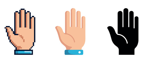 Obraz premium Diverse styles of hand icons: pixel, flat, and silhouette designs