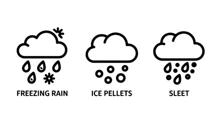 Obraz premium Line art icons depicting various forms of winter precipitation: Freezing Rain, Ice Pellets, and Sleet.