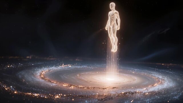 Glowing human figure emerging above spiral galaxy in deep space. Concept of human evolution, cosmic consciousness, and transcendence beyond physical form