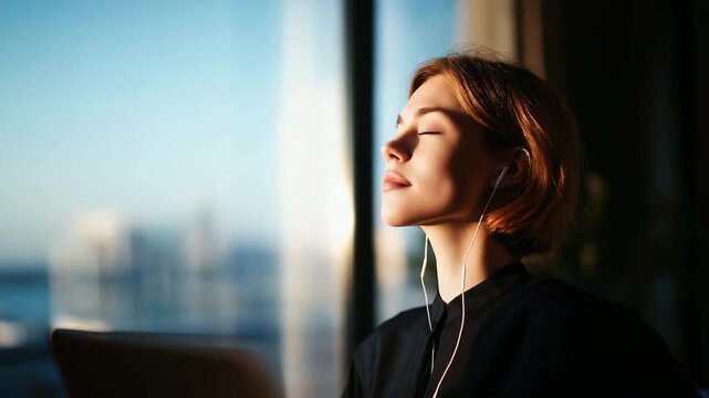 Person taking short pause from work, looking out window, calm reset moment, work-life balance

