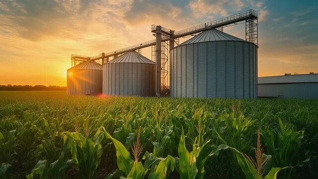 Grain silos and a lush cornfield at sunset, representing modern agriculture and food storage.