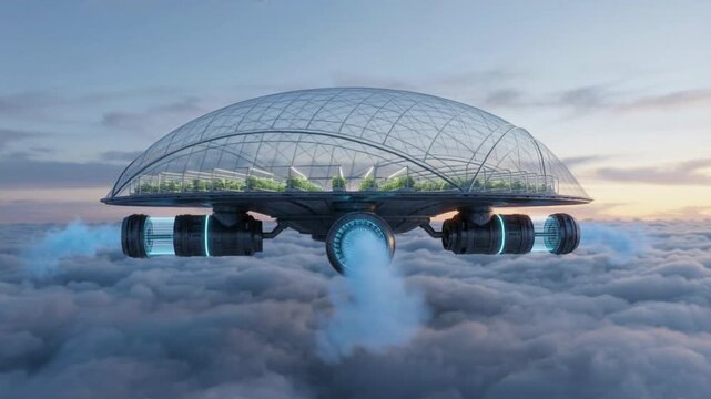 Massive elevated crop canopy above clouds with atmospheric processors emitting soft blue vapor, solar‑mesh roof and ethereal sci‑fi lighting, no people, no text, no logos.