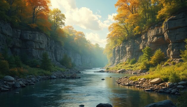 River flows through a canyon with steep rock walls. Autumn trees with orange and yellow leaves line the banks. Sunbeams break through mist creating a serene natural scene.
