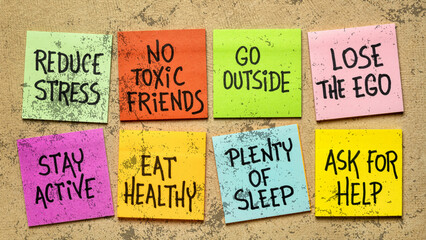 Healthy Lifestyle Habits and Self-Care Reminders on Sticky Notes