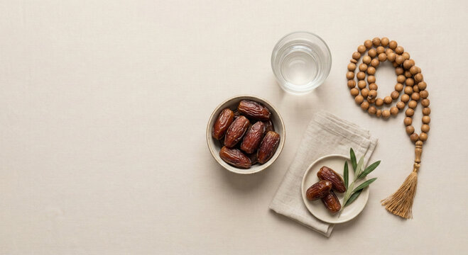 A top down view of dates in a bowl and glass of water with prayer beads on a neutral background