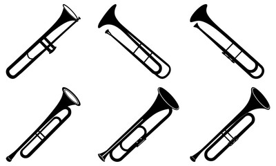 Fototapeta premium Five Trombone Musical Instruments in Black Silhouette on White Background brass instrument