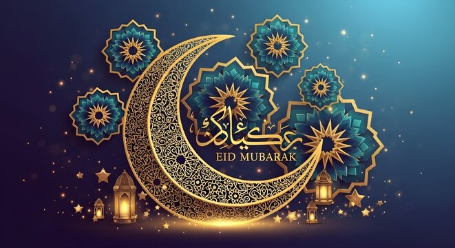Golden Eid Mubarak Greeting with Crescent Moon, Lanterns, and Islamic Ornaments - Powered by Adobe