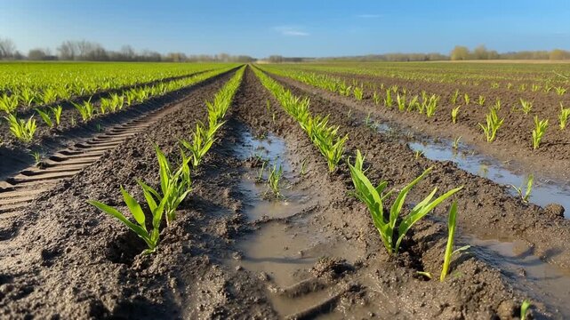 Green seedlings in muddy farm field with tractor tracks under a clear blue sky