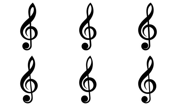 Six black treble clef symbols on a white background musical symbol music notation
