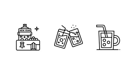 New Year's Celebration and Party Icons: Festive Drinks, Toasts, and Holiday Event Symbols
