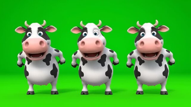Three Cartoon Cows Standing Side-By-Side On A Green Screen Background With Happy Expressions