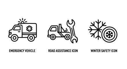 Obraz premium Essential safety and assistance line icons including an emergency ambulance, road assistance tow truck with wrench, and a winter safety snowflake symbol.