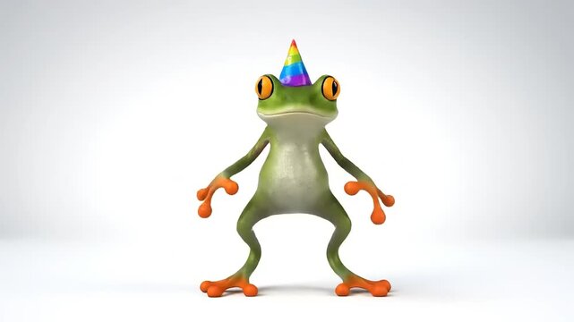Funny cartoon frog wearing a birthday hat, with outstretched arms, ready to celebrate and party