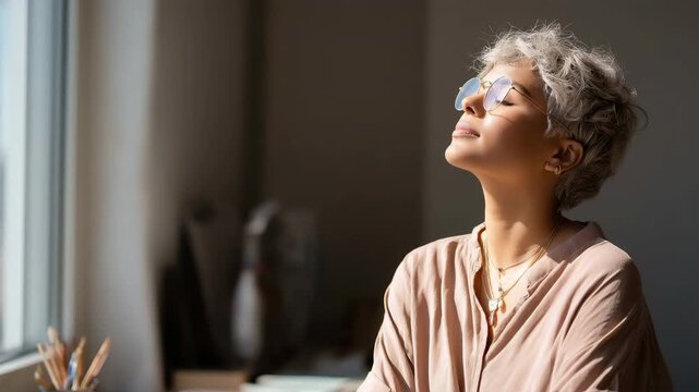 Person taking short pause from work, looking out window, calm reset moment, work-life balance

