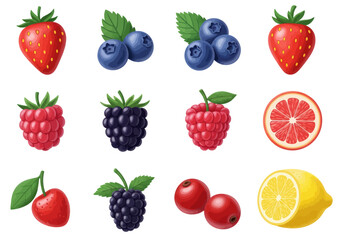 Set of six hand-drawn fresh berries including strawberry, blueberry, raspberry, blackberry, and cherry with green leaves isolated on white background