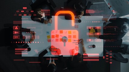 A group of professionals collaborates in a modern office, showcasing a digital padlock overlay, symbolizing data security and enhanced communication during meetings. Raster