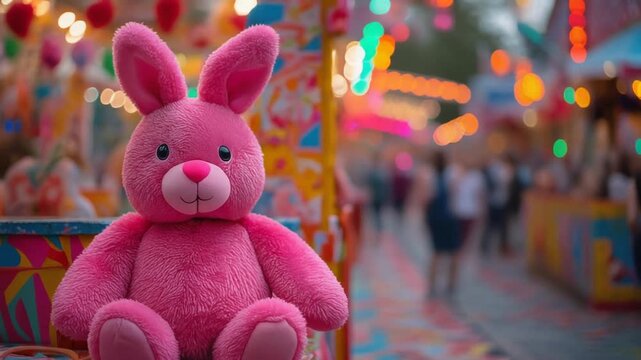 Vibrant Pink Bunny Plush Toy at a Colorful Fairground Stall, Blurred Background with People .