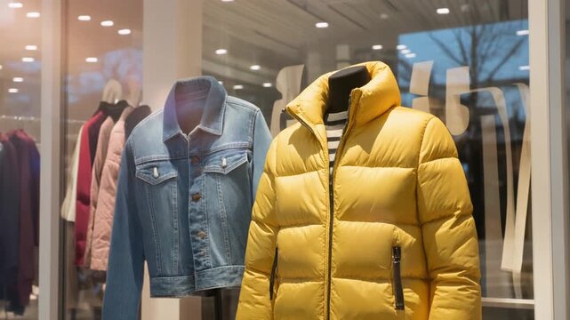 Bright retail shop window displaying trendy winter fashion apparel, including a yellow puffe.