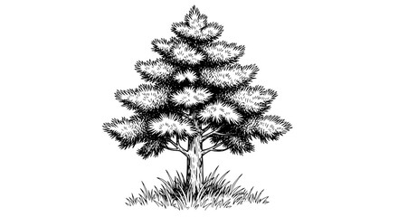 Fototapeta premium Detailed black and white hand-drawn sketch of a coniferous pine tree with grassy base, isolated on white background, perfect for nature or forest themes