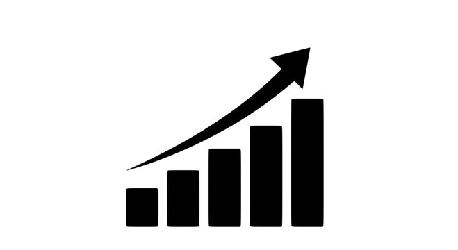 Black bar graph with an upward trending arrow indicating financial growth, profit increase, or successful business performance on white background.