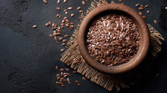 Wooden bowl filled with flax seeds on dark rustic surface.