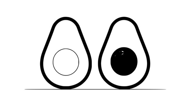 Minimalist black outline vector illustration of two avocado halves, one with a visible seed and the other hollowed out, on a simple white background.