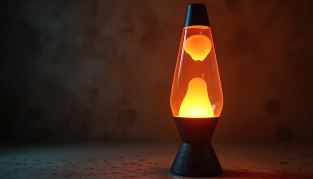 Retro orange lava lamp with warm glowing liquid blobs floating. Dark background with copy space, soft light illuminates textured surface. Vintage decor item.