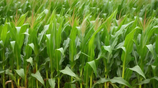 Close-up of lush green corn leaves, forming a natural texture and pattern in an agricultural.