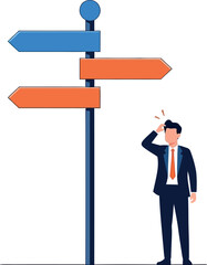 Businessman in confusion near directional signpost with arrows