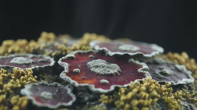 Macro lichen and fungi with moving mist
