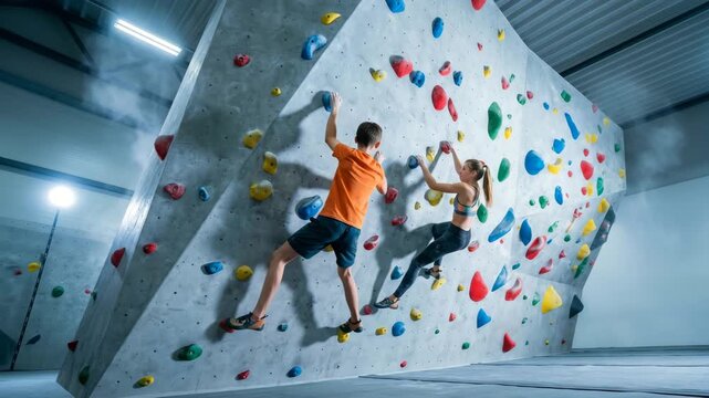Active caucasian teenagers climbing indoor bouldering wall without ropes in modern gym with colorful holds concept of youth sport and healthy lifestyle