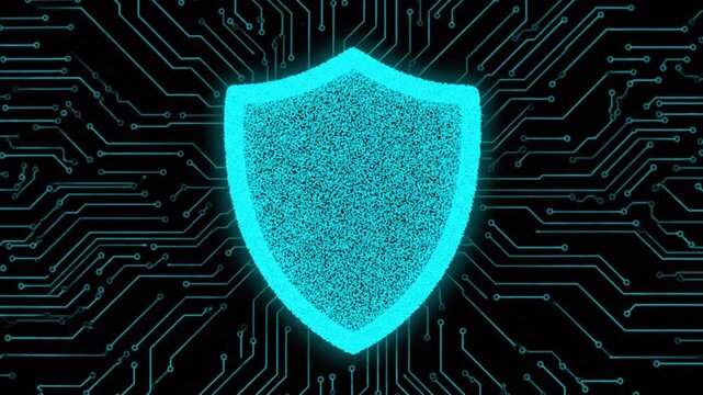 Glowing neon blue shield symbolizing robust digital security and data protection, embedded within a futuristic circuit board network