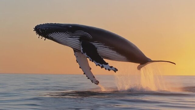 Humpback whale breaching at sunset, showcasing its majestic power and grace in the golden 