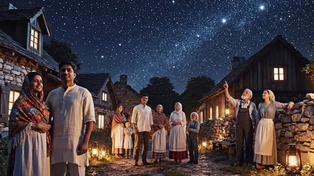 Countryside village families under starlit night as home lights fade