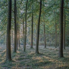 Fototapeta premium Calm Forest at Sunrise with Soft Sunlight and Morning Mist, Peaceful Nature Background