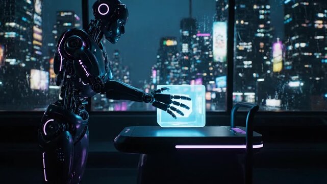 Futuristic humanoid robot interacts with a luminous data cube in a sleek urban high-rise setting, embodying advanced AI and cybernetic innovation