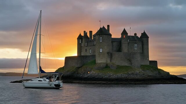 Historic Scottish Castle and Sailboat at Sunset. 