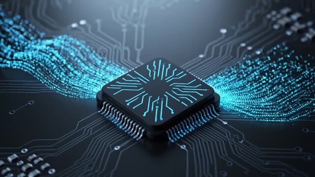 Digital Brain Processing Advanced Microchip Driving Artificial Intelligence and Big Data with Luminous Data Streams on a Futuristic Circuit Board