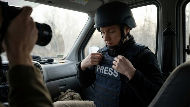 Journalist man preparing in car for reporting. Professional reporter wearing protective vest. Concept of news coverage and frontline journalism