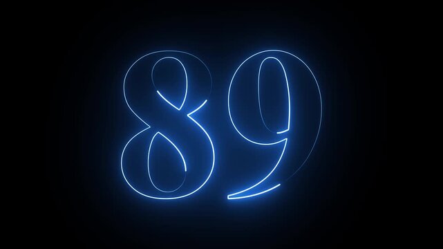 Neon 89 number mathematics text icon animation blue color text on black background. Glowing neon 89 motion graphics animation. Number 89 vector illustration. Digits with glowing lights and bulbs.