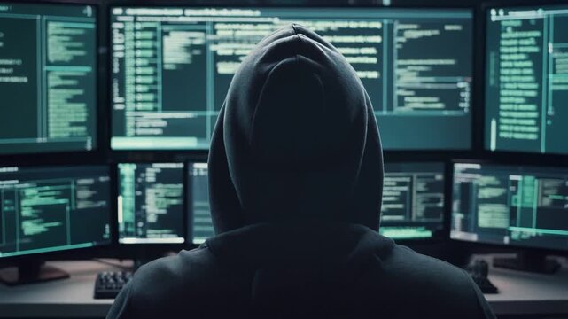 Hacker in hoodie analyzing data on multiple computer screens.