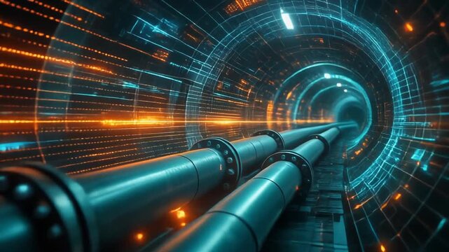 ID de fichier : 1888141290 - Nom(s) d&rsquo;origine : Firefly Depiction of Data Pipeline concept, driven by light, merging precision engineering with tech.