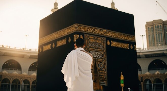 Man in white robe faces ornate, black Kaaba in Mecca; sunlight