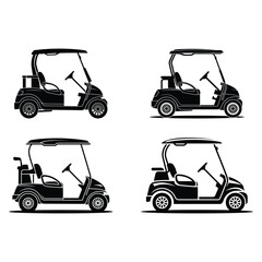 Four black golf carts with canopies in different orientations