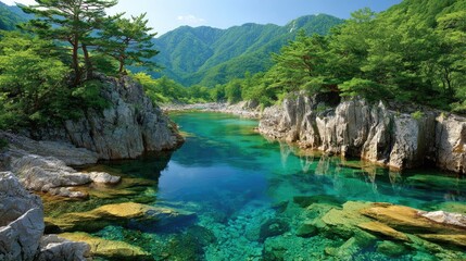 Serene mountain stream with clear turquoise water flows through rocky terrain.