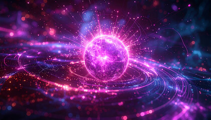 Obraz premium digital network background featuring a glowing purple sphere radiating light particles and interconnected data streams ideal for science and technology.