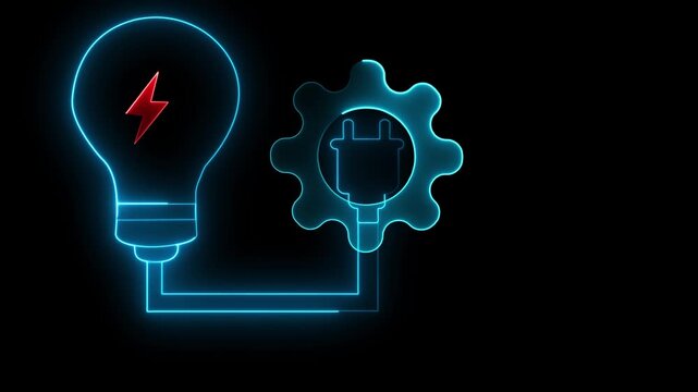 Neon light bulb with lightning bolt and gear with electrical plug on black background abstract blue